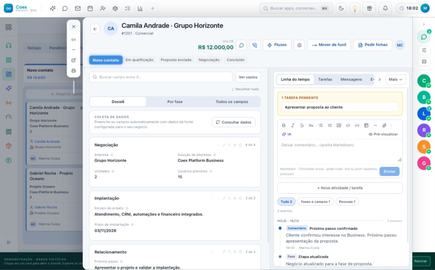 Tela original do CRM Coex, com dossiê do cliente e dados fictícios